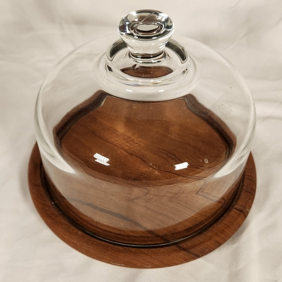 Vintage Good Wood Genuine Teakwood Cheese Tray w/ Heavy Glass Dome Cover Dish - Picture 2 of 8